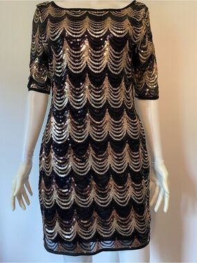 VENUS Black and Gold Sequin Scallop Mini Dress